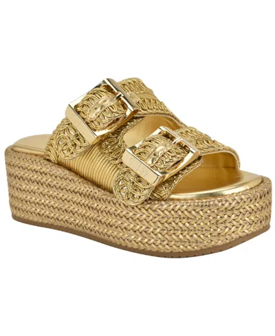 Guess Women's Binks Double-buckle Woven Platform Wedge Sandals In Gold