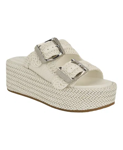 Guess Women's Binks Double-buckle Woven Platform Wedge Sandals In Ivory