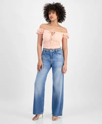 Guess Women's Braided-waist Wide-leg High-rise Jeans In Formentera