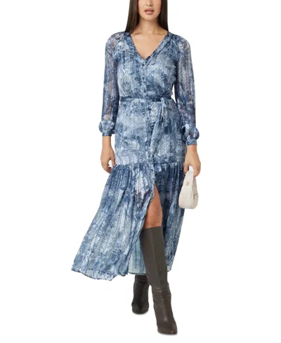 Guess Women's Breanna Tiered-skirt Mixed-print Dress In Indigo Toile De Jouy