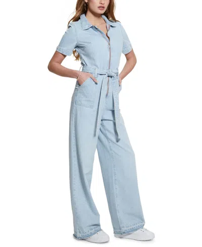 Guess Women's Brenda Tie-waist Half-zip Denim Jumpsuit In The Seaside