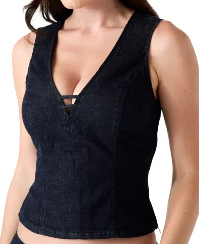 Guess Women's Briley Plunging V-neck Cropped Sleeveless Denim Top In Blue