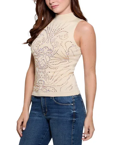 Guess Women's Calista Rhinestone Sleeveless Knit Sweater Top In Tan