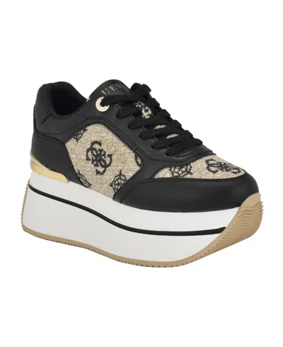 Guess Women's Camrio Casual Double Platform Lace Up Sneakers In Black,gold Logo Multi