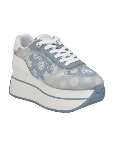 Guess Women's Camrio Casual Double Platform Lace Up Sneakers In Light Blue Denim Logo Multi