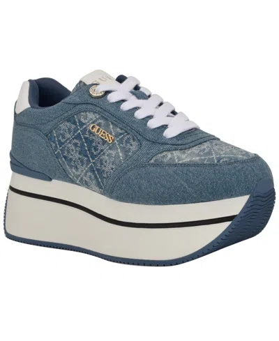 Guess Women's Camrio Casual Double Platform Lace Up Sneakers In Blue