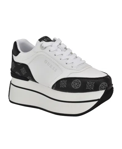 Guess Women's Camrio Casual Double Platform Lace Up Sneakers In White,black Multi Logo