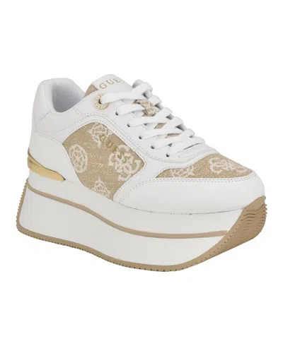 Guess Women's Camrio Casual Double Platform Lace Up Sneakers In White,gold Logo Multi