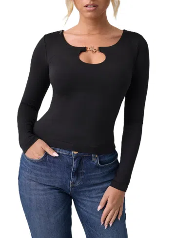 Guess Women's Camryn Long-sleeve Jewel Detail Top In Black
