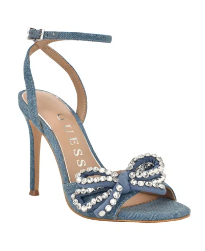Guess Women's Charmin Rhinestone Bow Ankle Strap Dress Sandals In Blue