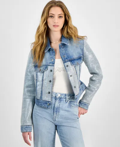 Guess Women's Clara Cotton Cropped Trucker Jacket In Glam De Blue Pailletes