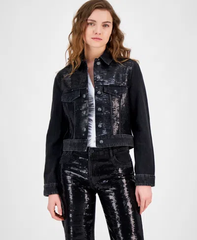 Guess Women's Clara Sequin-front Denim Trucker Jacket In Black