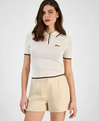 Guess Women's Contrast-tipped Short-sleeve Polo Top In Dove White