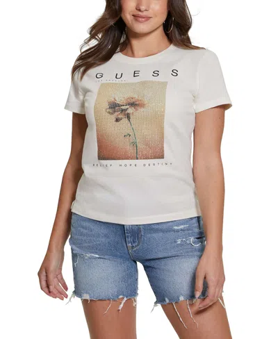 Guess Women's Cotton Diamante Graphic Crewneck Tee In Cream White