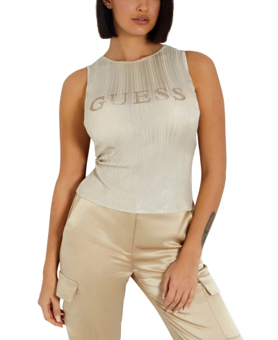 Guess Women's Cristina Embellished Logo Sleeveless Top In Safari Tan Foil