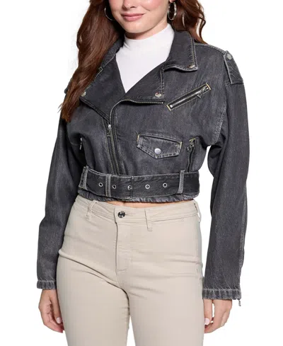Guess Women's Cropped Belted-hem Denim Moto Sandy Jacket In Tokyo Black
