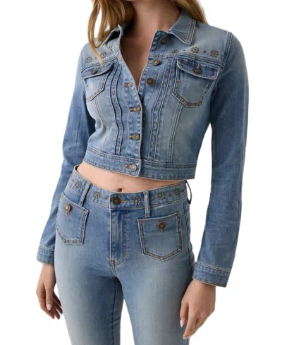 Guess Women's Cropped Studded Denim Jacket In Multi