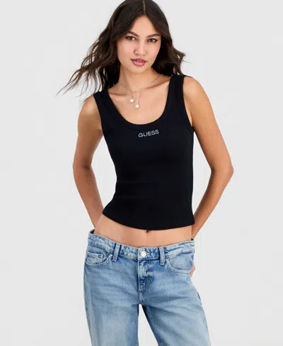 Guess Women's Crystal Logo Ribbed Cropped Tank Top In Black