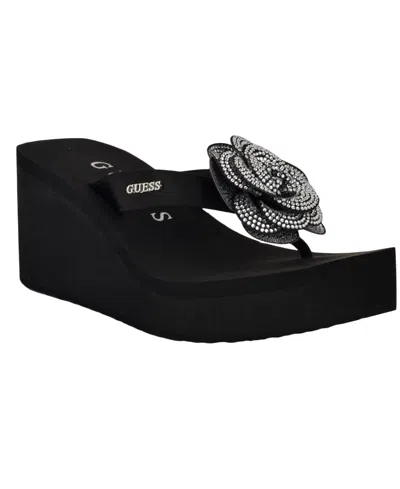 Guess Women's Damani Rhinestone Flower Eva Platform Wedge Sandals In Black Satin