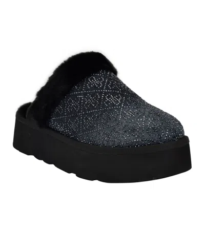 Guess Women's Danikas Slip-on Slippers In Black Denim Velvet Rhinestone Logo
