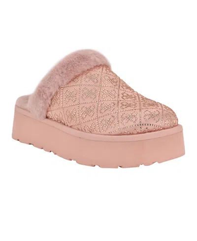 Guess Women's Danikas Slip-on Slippers In Light Pink Velvet Rhinestone Logo