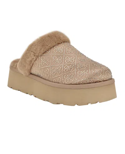Guess Women's Danikas Slip-on Slippers In Taupe Velvet Rhinestone Logo