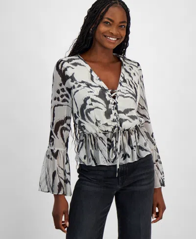 Guess Women's Demi Printed Lace-up Peplum Top In Zebra Skin Print
