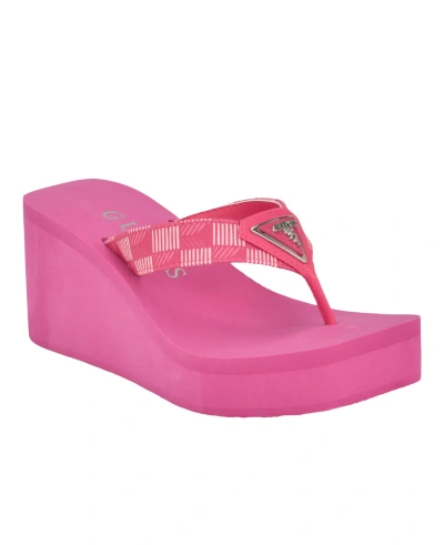 Guess Women's Demmey Logo Thong Square Toe Wedge Sandals In Dark Pink Multi - Manmade