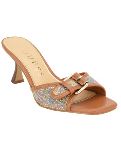 Guess Women's Dista Crystal Embellished Faux Leather Kitten Heel Sandals In Brown