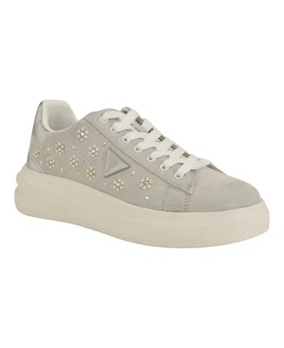 Guess Women's Elbina Contrast Heel Lace-up Sneakers In Ivory Embellished,silver