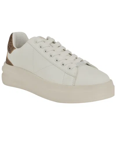Guess Women's Elbina Contrast Heel Lace-up Sneakers In White,medium Brown Logo