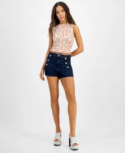 Guess Women's Claire Floral-print Cropped Smocked Top In Avant