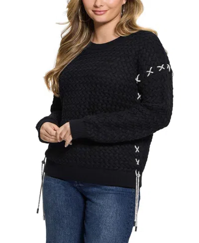 Guess Women's Elliss Rhinestones-chain Open-stitch Crewneck Sweater In Black
