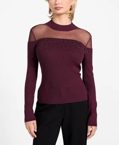Guess Women's Embellish Sheer Panel Mock Neck Sweater In Burgundy