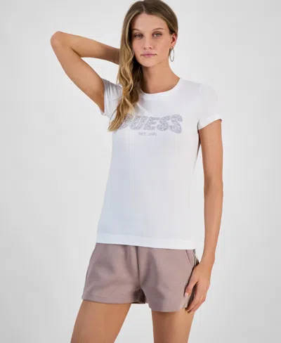 Guess Women's Embellished Lace Logo Short-sleeve T-shirt In Pure White
