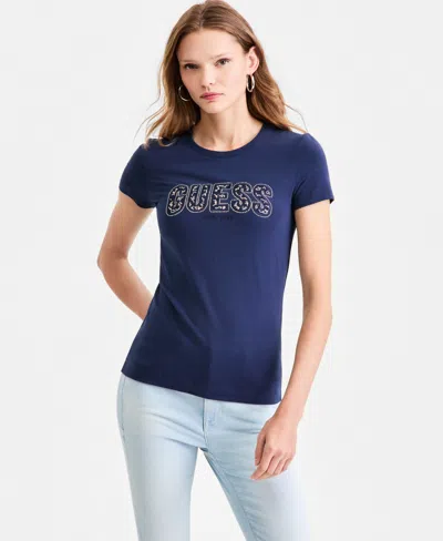 Guess Women's Embellished Lace Logo Short-sleeve T-shirt In Blue