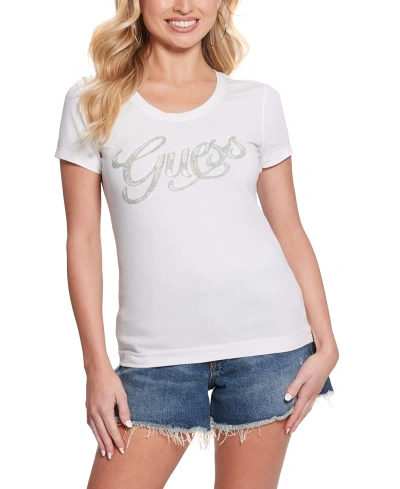 Guess Women's Embellished Script Logo T-shirt In Pure White