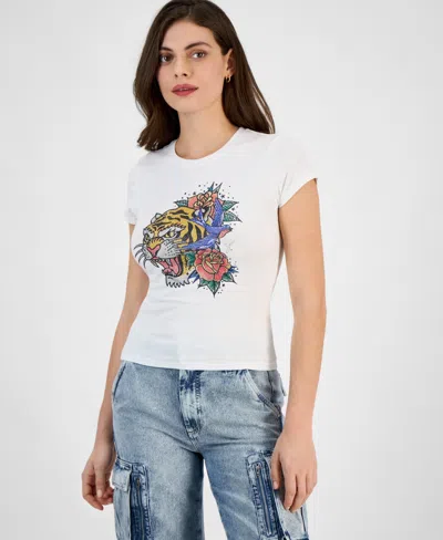 Guess Women's Embellished-tiger Short-sleeve Crewneck Top In Pure White