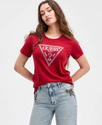 Guess Women's Embellished Triangle Short Sleeve T-shirt In Red