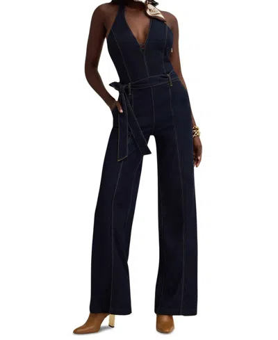Guess Women's Emory Sleeveless Self-tie Halter Denim Jumpsuit In Rinsed Wash