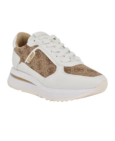 Guess Women's Energy Round Toe Retro Jogger Sneakers In White,medium Brown Logo