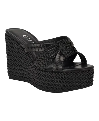 Guess Women's Eveh Knotted Jute Wrapped Platform Wedge Sandals In Black