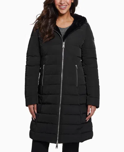 Guess Women's Faux-fur-lined Hooded Puffer Coat In Jet Black