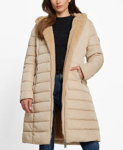 Guess Women's Faux-fur-lined Hooded Puffer Coat In Neutral