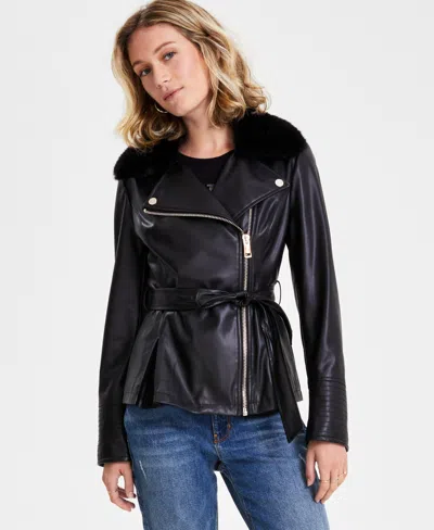 Guess Women's Faux-fur-trim Faux-leather Asymmetric Belted Moto Jacket In Jet Black