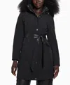 Guess Women's Faux-fur-trim Hooded Belted Raincoat In Jet Black