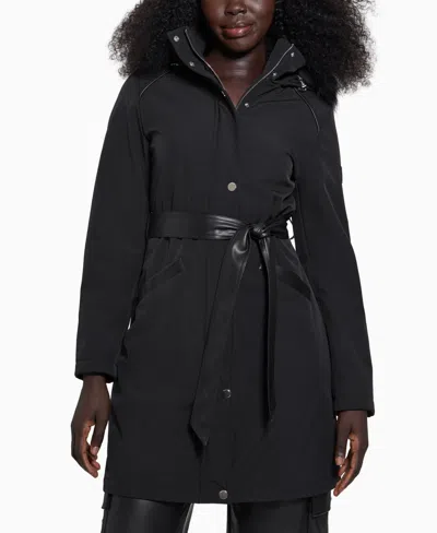 Guess Women's Faux-fur-trim Hooded Belted Raincoat In Jet Black