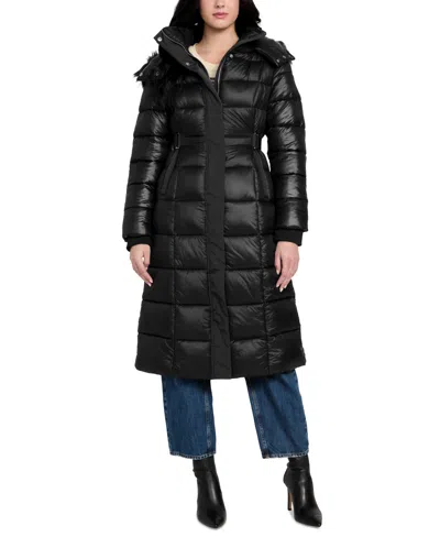 Guess Women's Faux-fur Trim Hooded Maxi Puffer Coat In Black