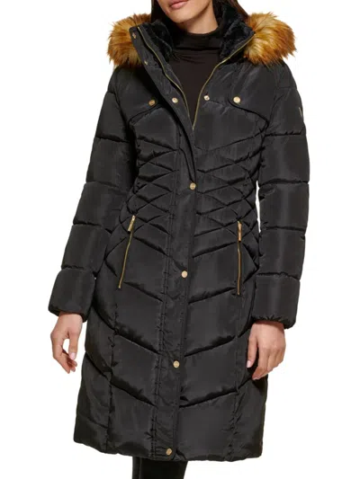Guess Women's Faux Fur Trim Puffer Coat In Black