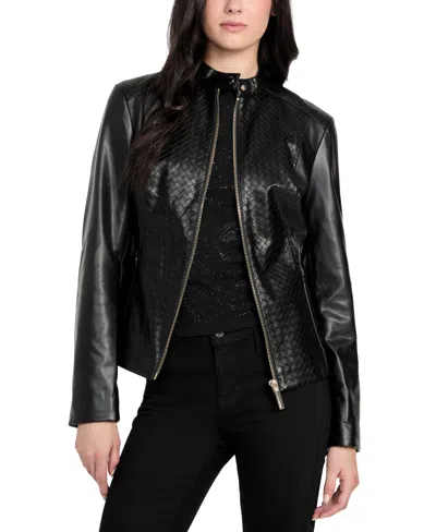 Guess Women's Faux-leather Basketweave Jacket In Black